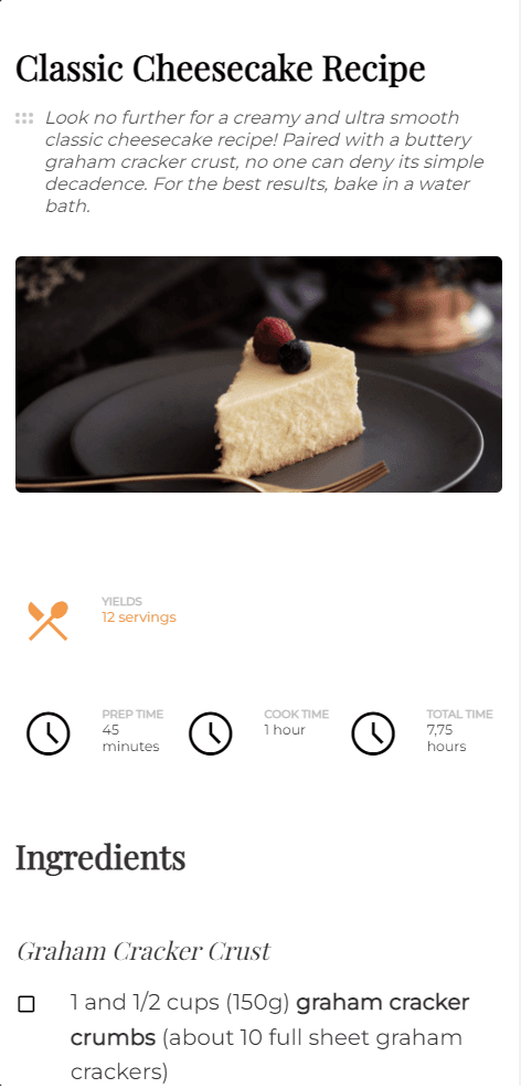 Vista previa del proyecto: Página de la receta del cheesecake clásico